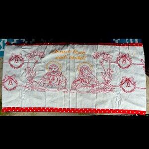 Antique Handstitched Hungarian Religious Table Runner.  1900c. 63”x24” In Size.